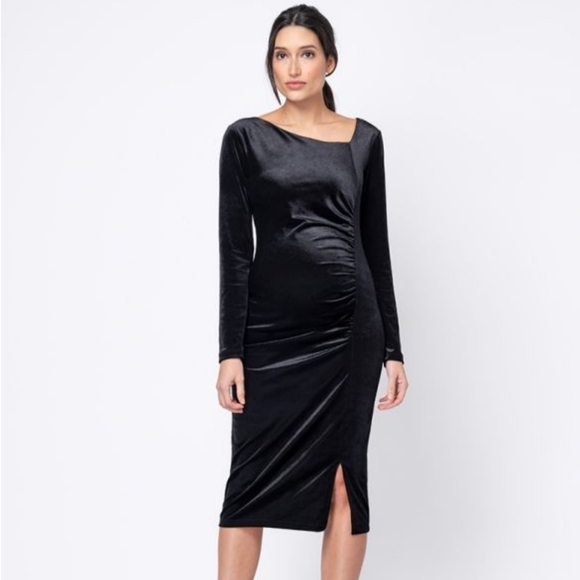 Seraphine Dresses & Skirts - Seraphine Black Stretch Velvet Maternity Midi Dress Size 6
